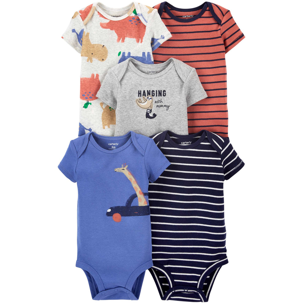Carter's Infant Boys 5-Pack Printed & Striped Short-Sleeve Bodysuits Blue/Grey/Orange/Navy Blue 1L765110