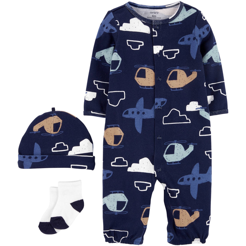 Carter's Infant Boys Printed 3-Piece Take-Me-Home Converter Gown Set (Bodysuit+Cap+Socks) Navy Blue 1L775410