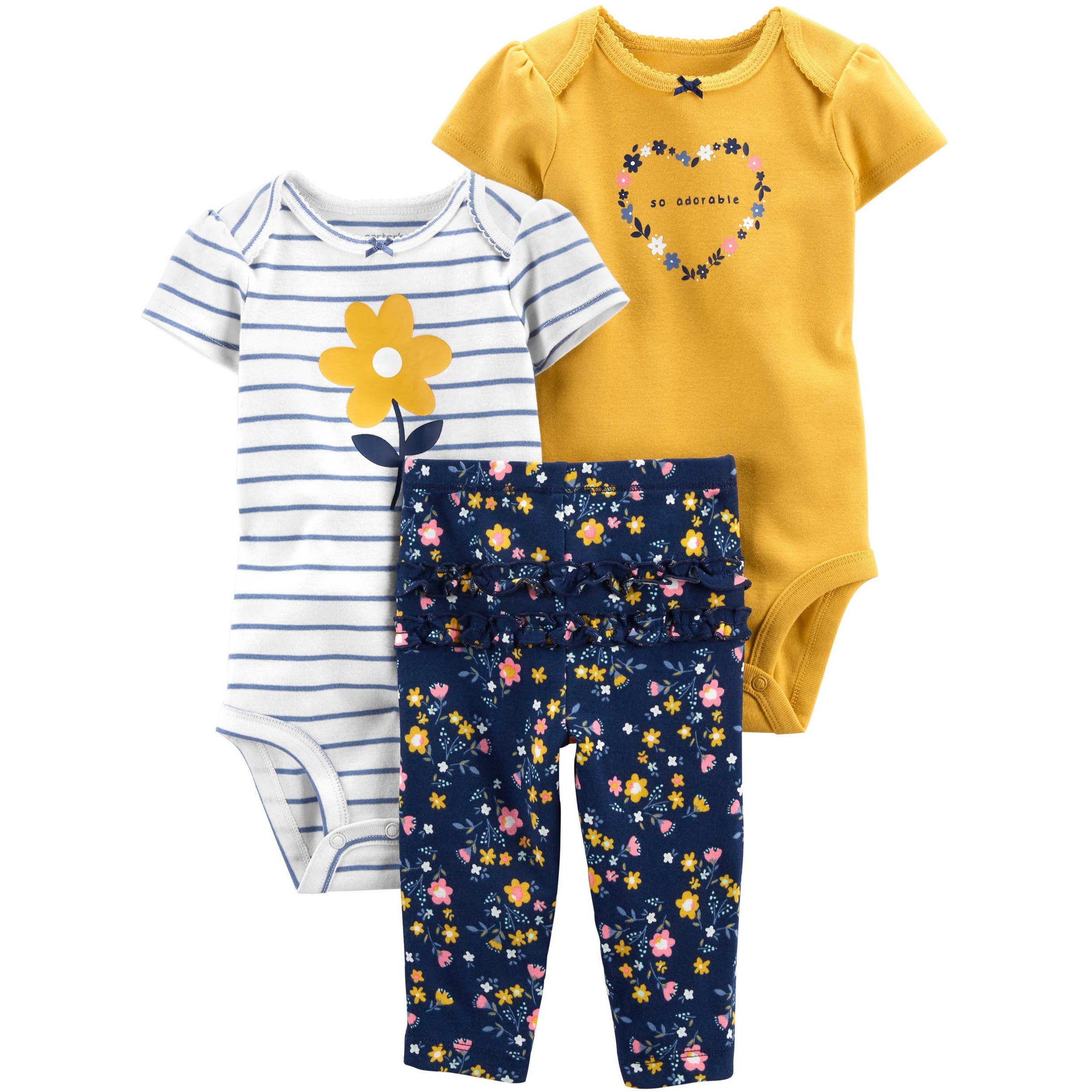 Carter s Infant Girls 3 Piece Floral Printed Half Sleeves Bodysuit PJ s Set Yellow White Blue 1L763010 Peekaboo