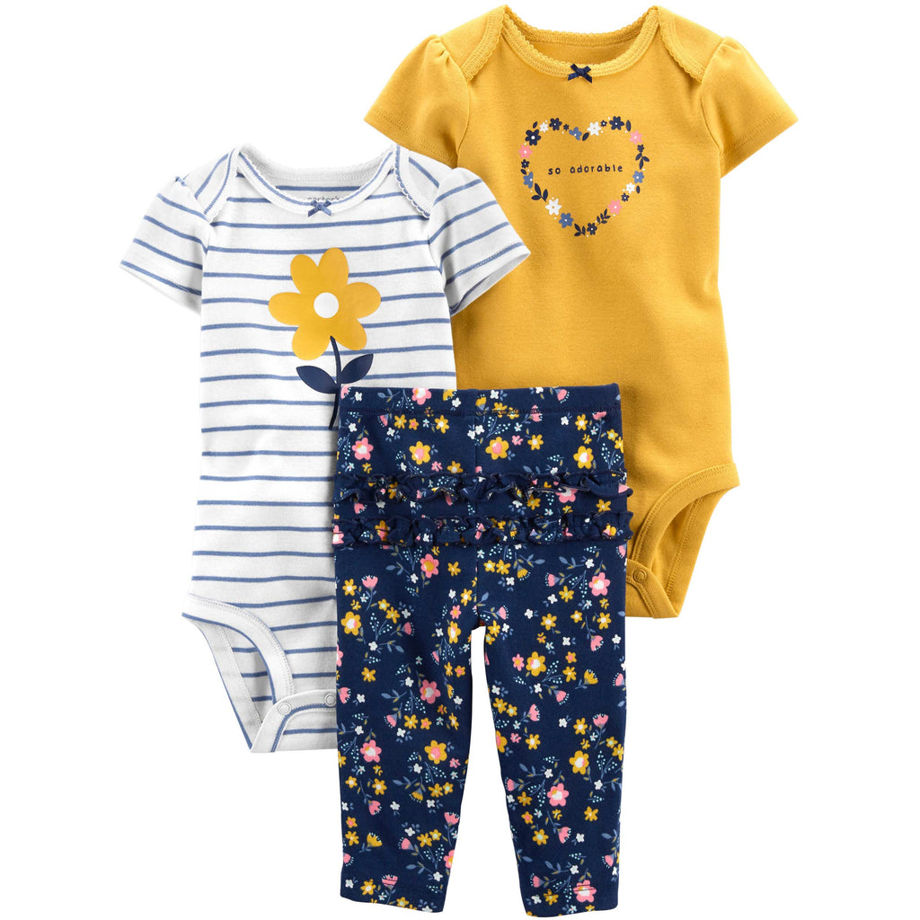 Carter's Infant Girls 3-Piece Floral Printed Half-Sleeves Bodysuit & PJ's Set Yellow/White/Blue 1L763010