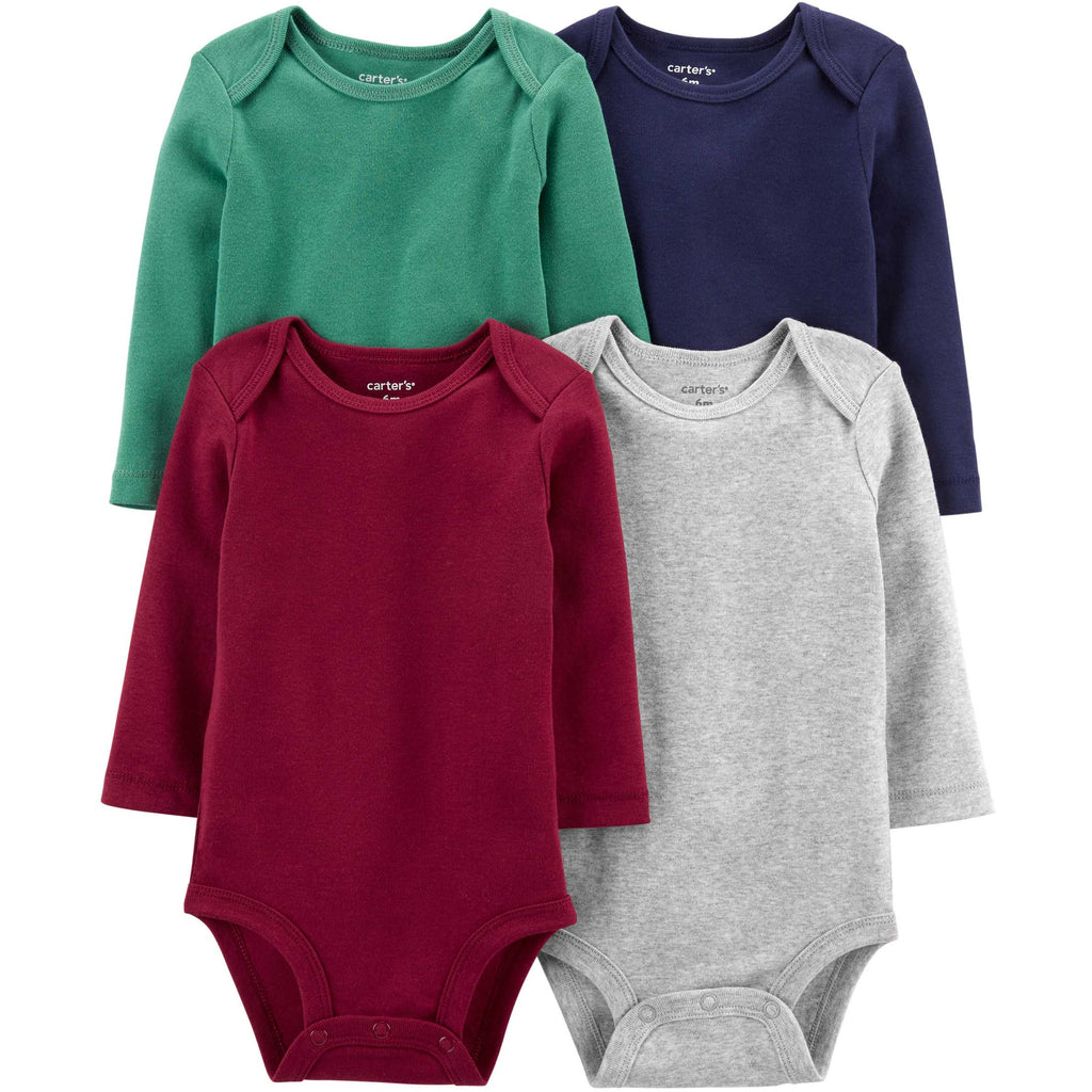 Carter's Infants Boys 4-Pack Solid Long-Sleeve Original Bodysuits White/Blue/Green/Grey 1M103110