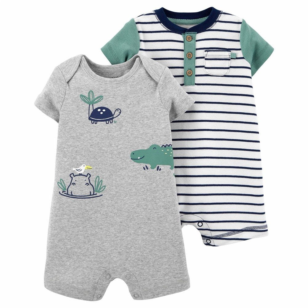 Carters Infant Boys 2-Pack Aquatic Animals Printed & Striped Rompers Grey/Multicolor 1K489610