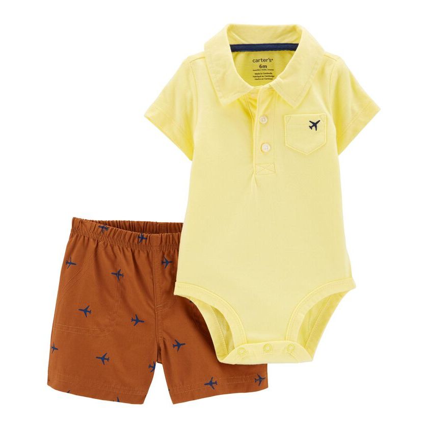 Carters Infant Boys 2 Piece Polo Bodysuit Short Set Yellow Brown 1N081910 Peekaboo