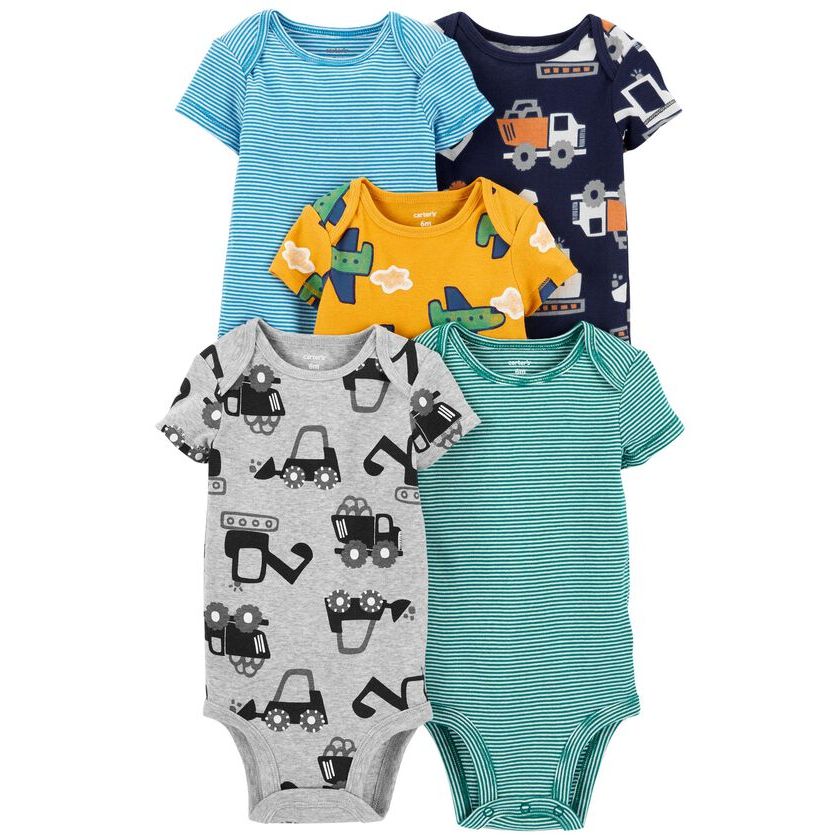 Carters Infant Boys 5-Pack Printed & Striped Construction Short-Sleeve Bodysuits Blue/Grey/Yellow 1M764510