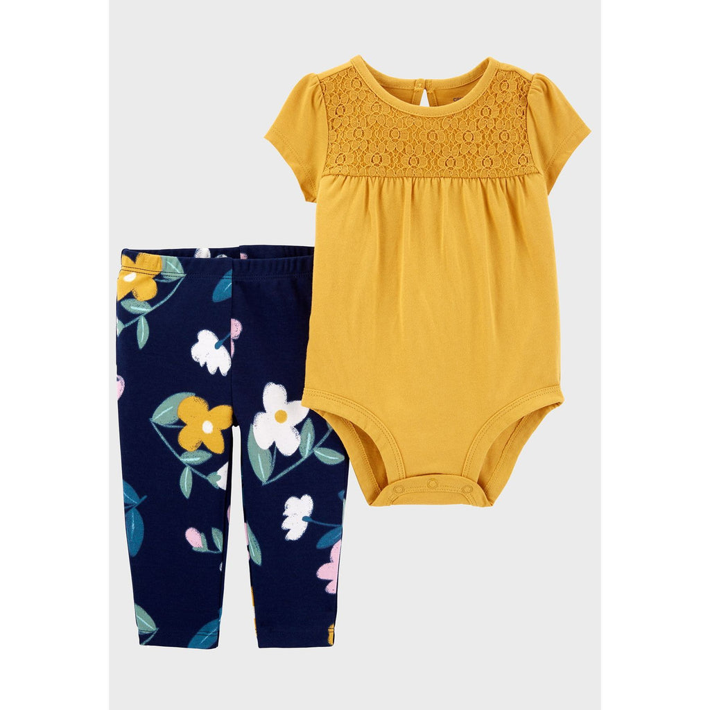 Carters Infant Girls 2-Piece Eyelet Bodysuit Pant Set Yellow/Navy Blue Floral 1M780110