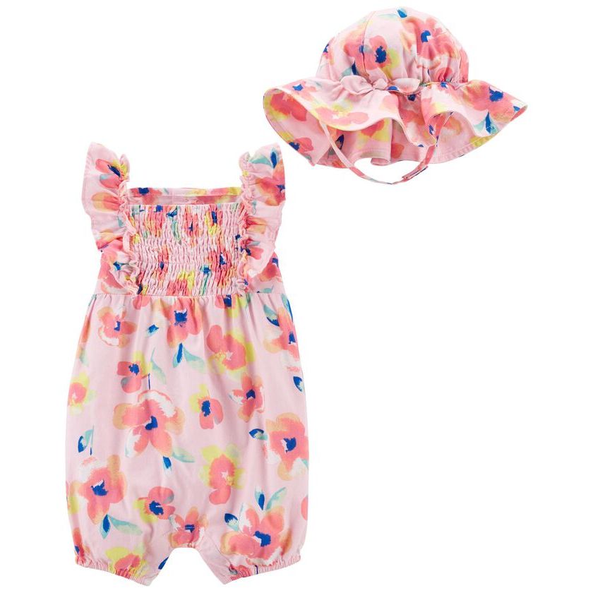 Carters Infant Girls 2-Piece Floral Romper & Hat Set Pink 1N073810