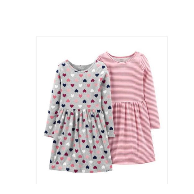 Carters Toddler Girls 2-Pack Hearts & Striped Jersey Dresses Pink/Grey 3M037810