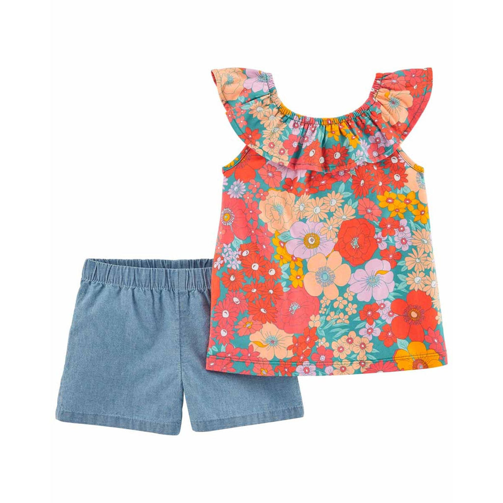 Carters Toddler Girls 2-Piece Floral Top & Chambray Short Set Multicolor/Blue 2N085810