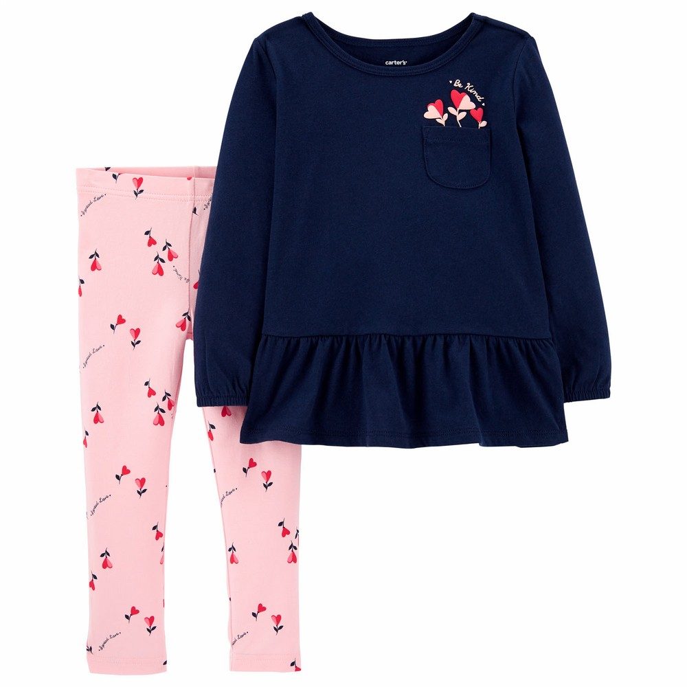 Carters Toddler Girls 2-Piece Heart Top & Floral Legging Set Navy Blue/Pink 2M721610