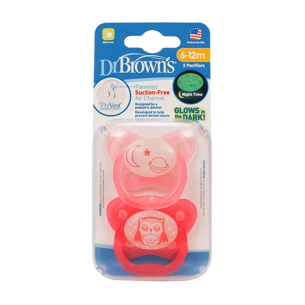 Dr Brown's PreVent™ Contoured Glow-In-The-Dark Soother Stage 2 Pink 2 Pack 6-12m