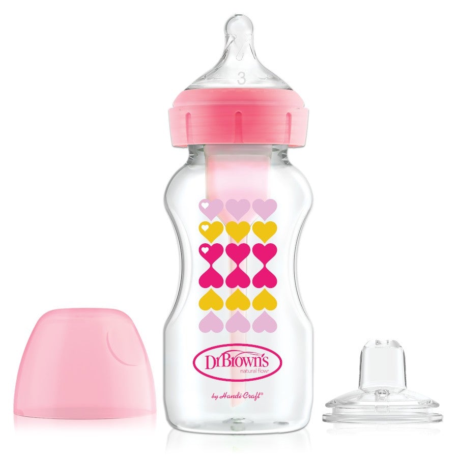 Dr Brown's Wide-Neck Sippy Baby Bottle Start Kit Pink Heart 270ml 6m+