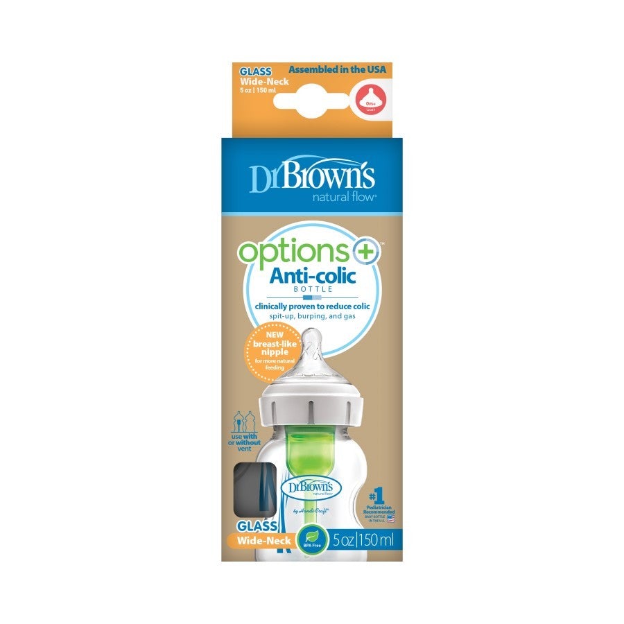 Dr Brown's Options+™ Wide-Neck Anti-Colic Glass Baby Bottle 150ml 0m+