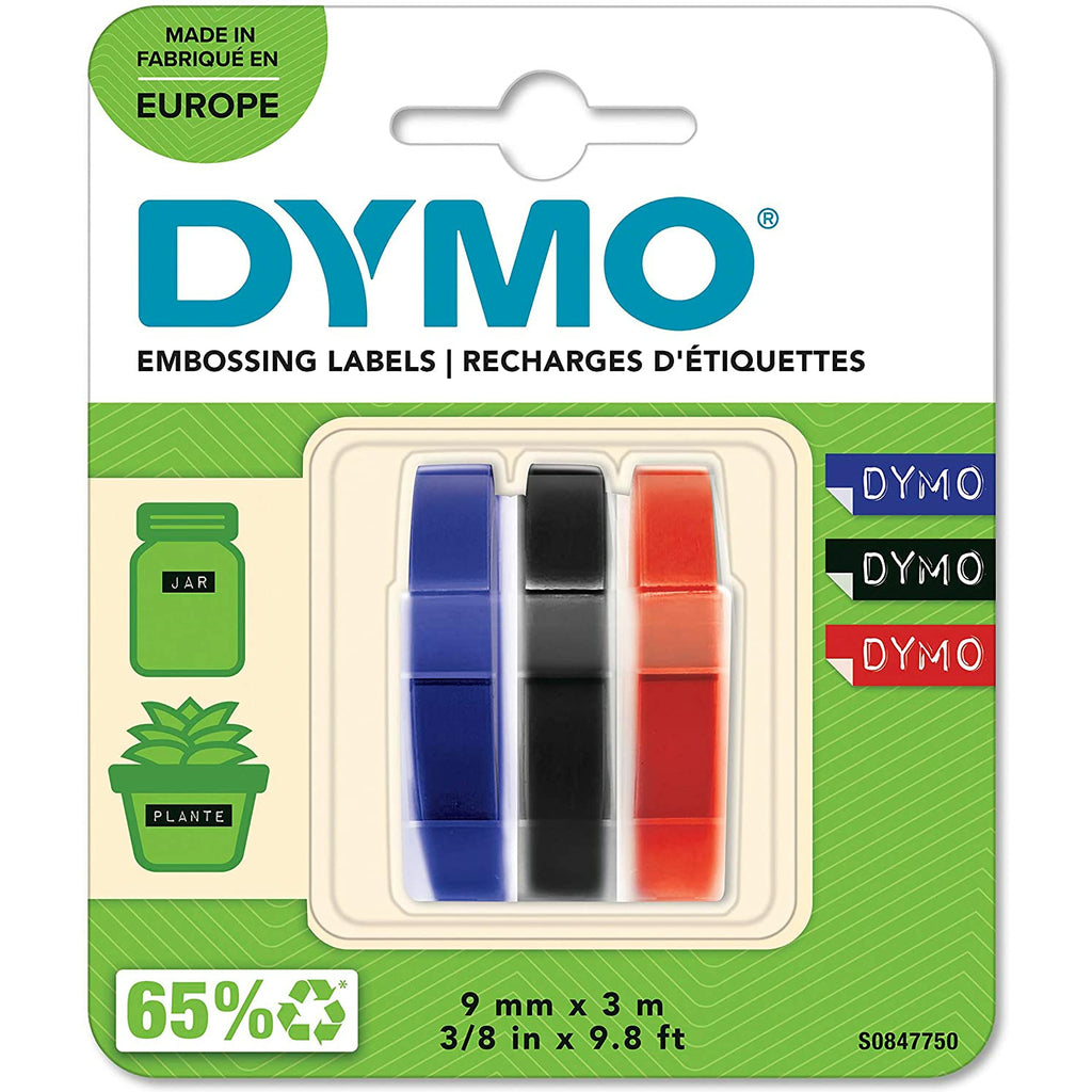 DYMO Authentic Embossing Tape (9mm x 3m) Black, Blue & Red Self-Adhesive Labelling Tape