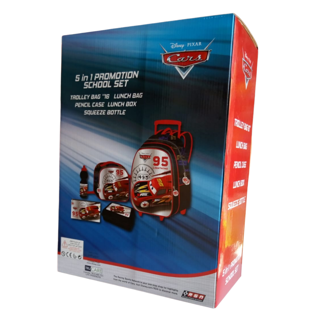 Disney Cars 5 In 1 16" Trolley, Pencil Case, Water Bottle, Lunch Bag, Lunch Box Kids