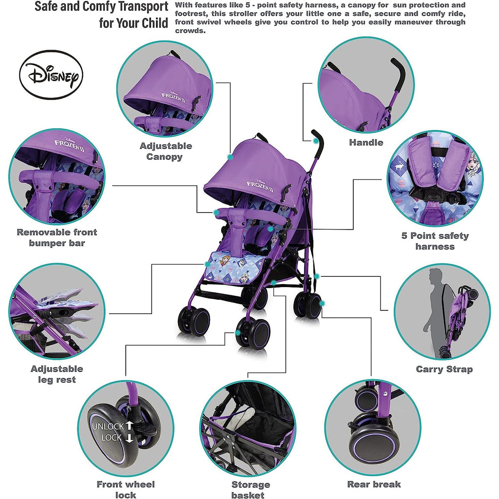 Disney Frozen 2 Lightweight Adventure Stroller + Storage Cabin | 0 36 Months, Compact Design, Shoulder Strap, Adjustable Reclining Seat And More. Purple Age 3 Months To 36 Months