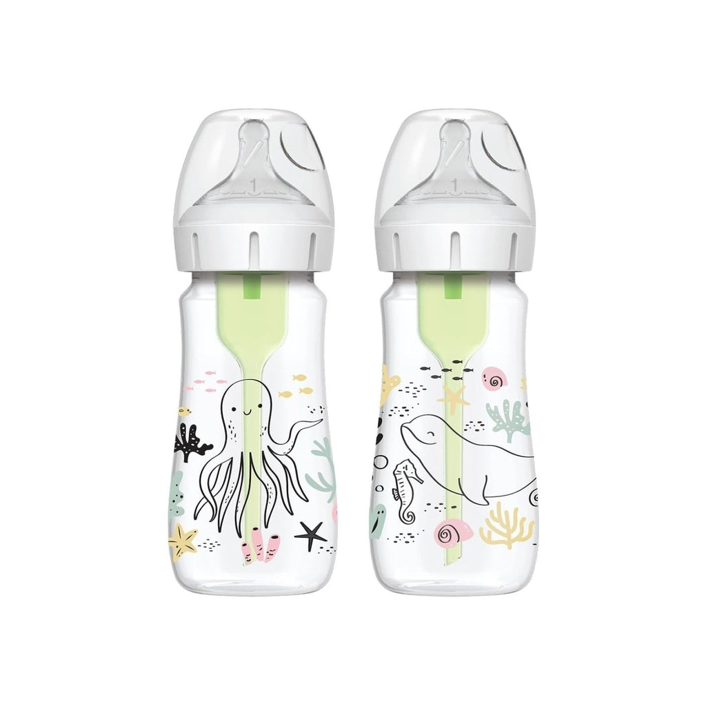 Dr Brown 270 ML Wide Neck Options+ Feeding Bottle, Ocean Design Pack of 2 Age- 3 Months & Above