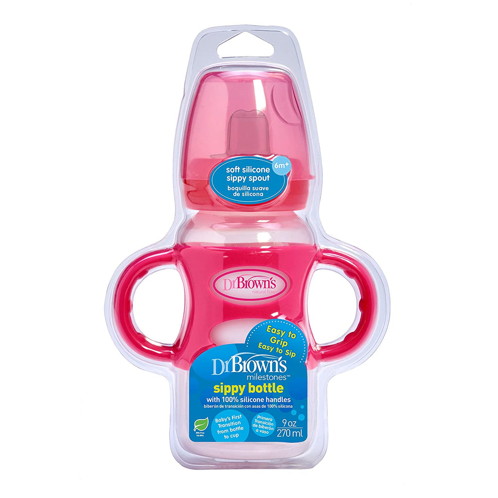 Dr Brown's Milestones™ Wide-Neck Transition Sippy Bottle with Silicone Handles Pink 6m+