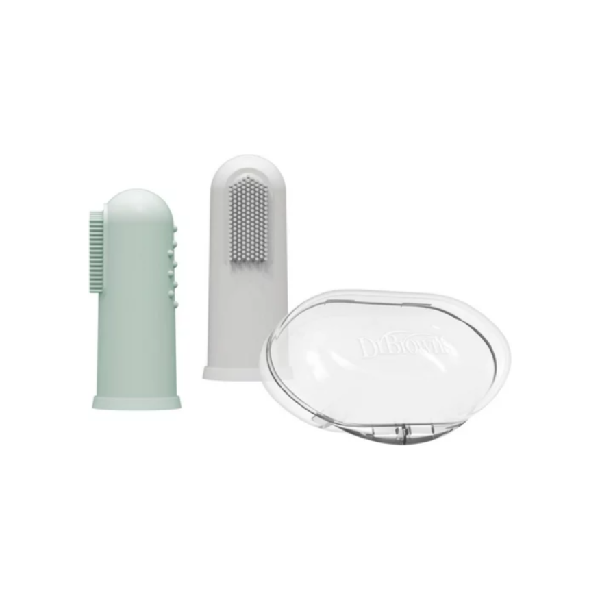 Dr Brown's Silicone Finger Toothbrush with Case Pack of 2 Grey & Light Green Age- 3 Months & Above