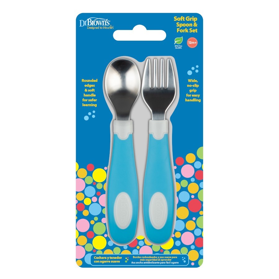 Dr Brown's Soft Grip Spoon & Fork Set Blue Age- 12 Months & Above