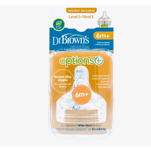 Dr Brown's Natural Flow® Options+™ Wide-Neck Baby Bottle Nipples Level 3, 2 Pack 6m+