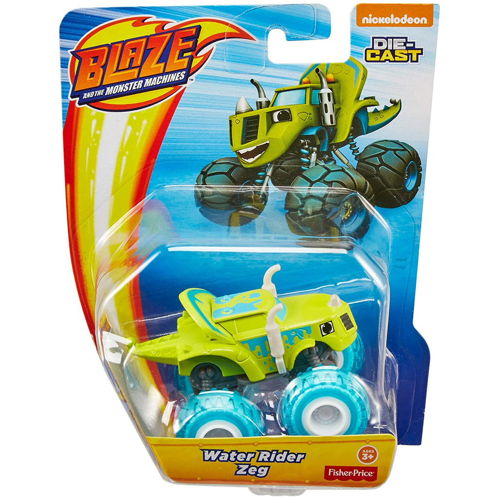 Blaze and his friends like you've never seen them with a plastic finish ready to speed up! Zeg's plastic collectible vehicle with monster truck tires and metal axles for full throttle! With monster truck tires and metal axles, it's perfect for recreating the fast races and amazing stunts from the Blaze and the Monster Machines TV show! Collect all of your Axle City friends: Blaze, Zeg, Stripes, and Crusher (each sold separately and subject to availability).