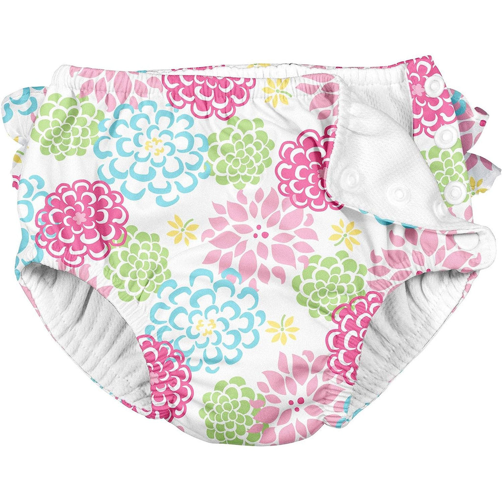 Green Sprouts Ruffle Snap Reusable Absorbent Swimsuit Diaper White Zinnia 711150 040 47 Age  6 Months & Above