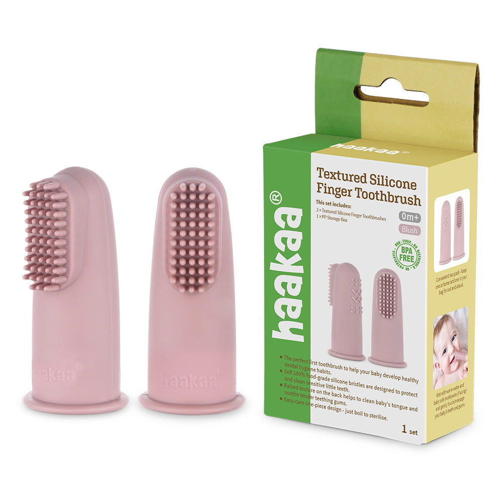 Haakaa – Set of 2 Silicone Finger Toothbrushes with Case Blush Age- Newborn & Above