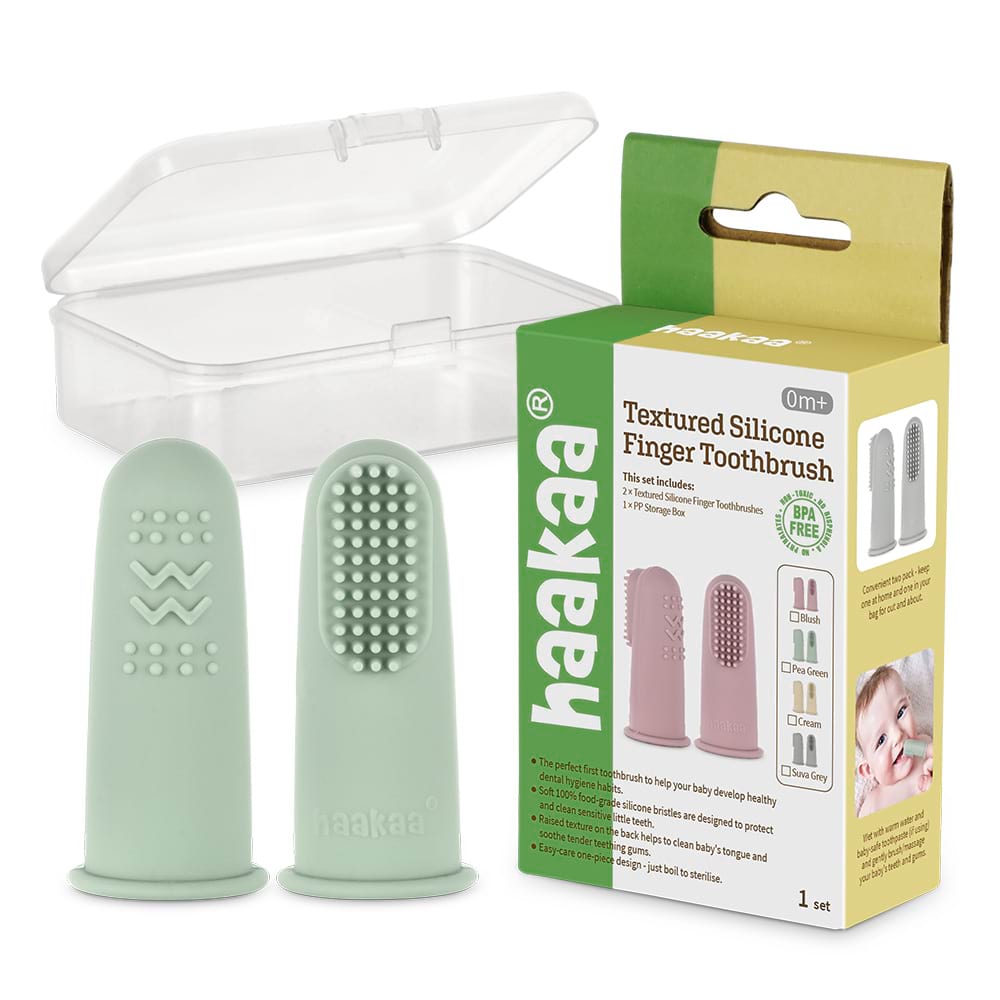 Haakaa – Set of 2 Silicone Finger Toothbrushes with Case  Pea Green Age- Newborn & Above