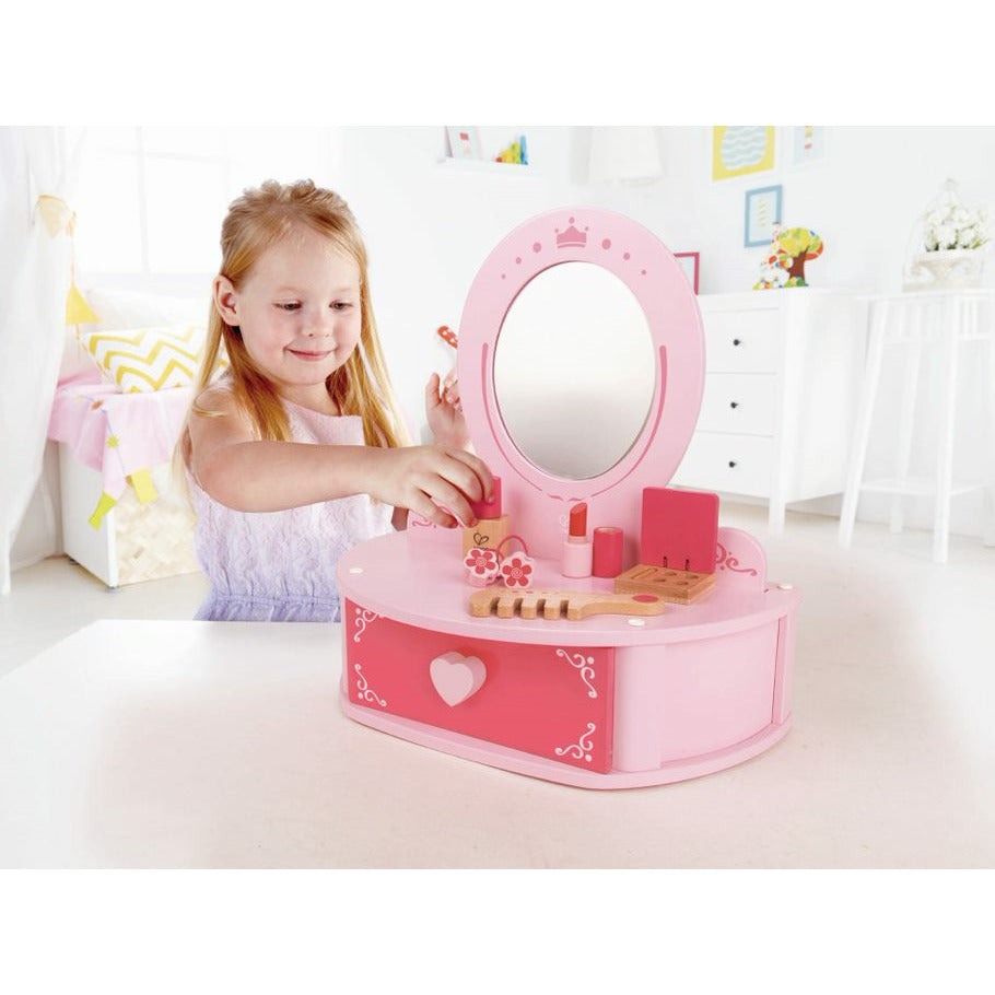 Hape Petite Vanity Toy Wooden Beauty Counter with Mirror and Accessories Pink Age- 3 Years & Above