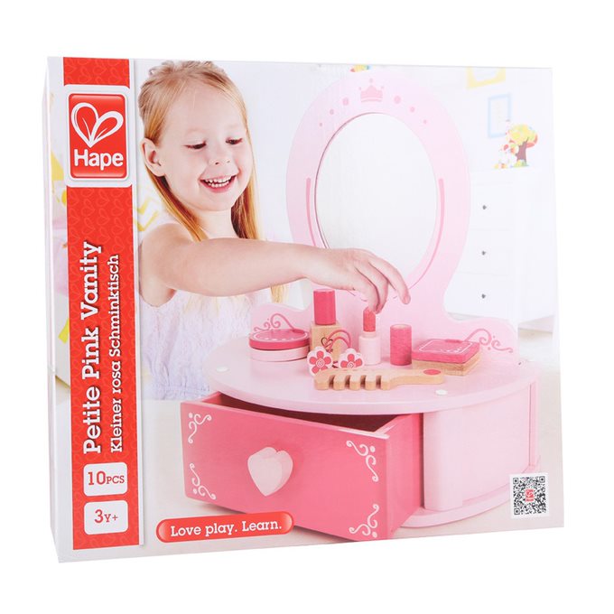 Hape Petite Vanity Toy Wooden Beauty Counter with Mirror and Accessories Pink Age- 3 Years & Above
