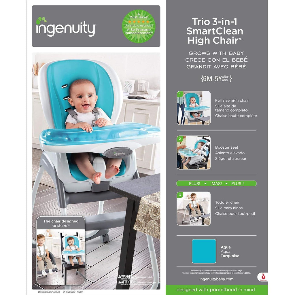 Ingenuity Smart Clean Trio Elite 3-in-1 High Toddler Chair and Booster Chair Aqua/Grey Age- 6 Months to 5 Years