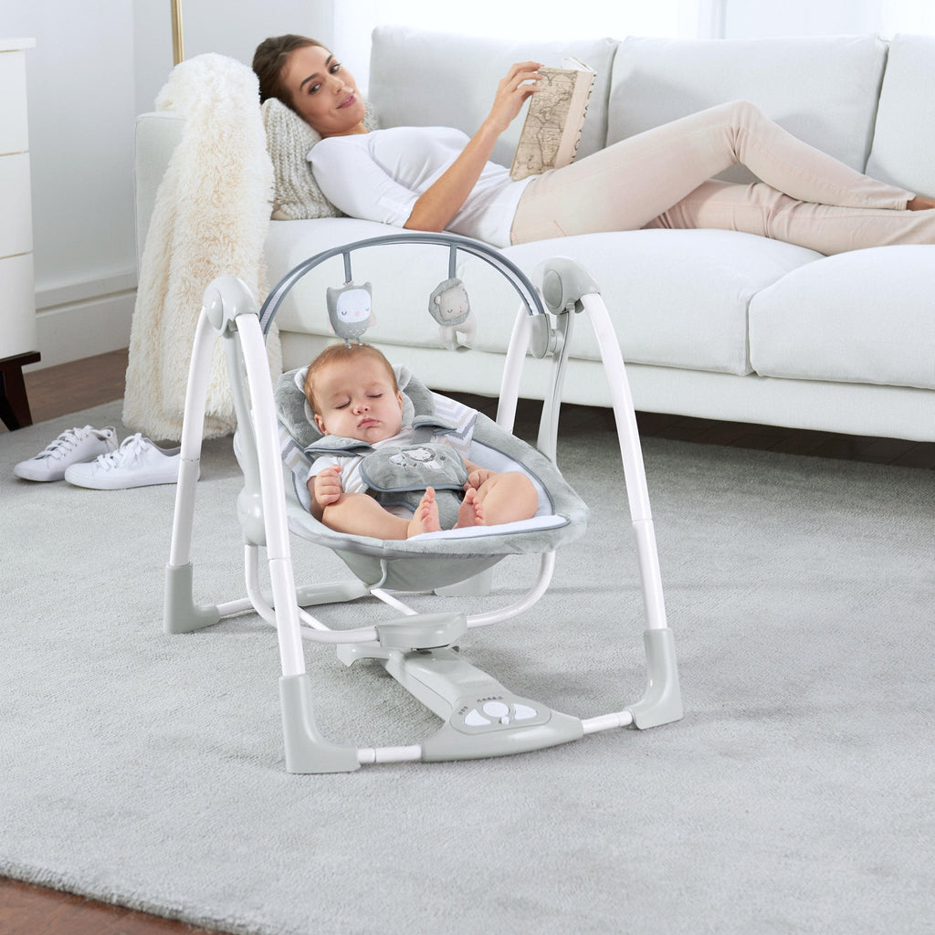 Ingenuity Portable, Compact & Power Adaptable Swing/Rocker with AC Adapter Grey Age- Newborn to 18 Months