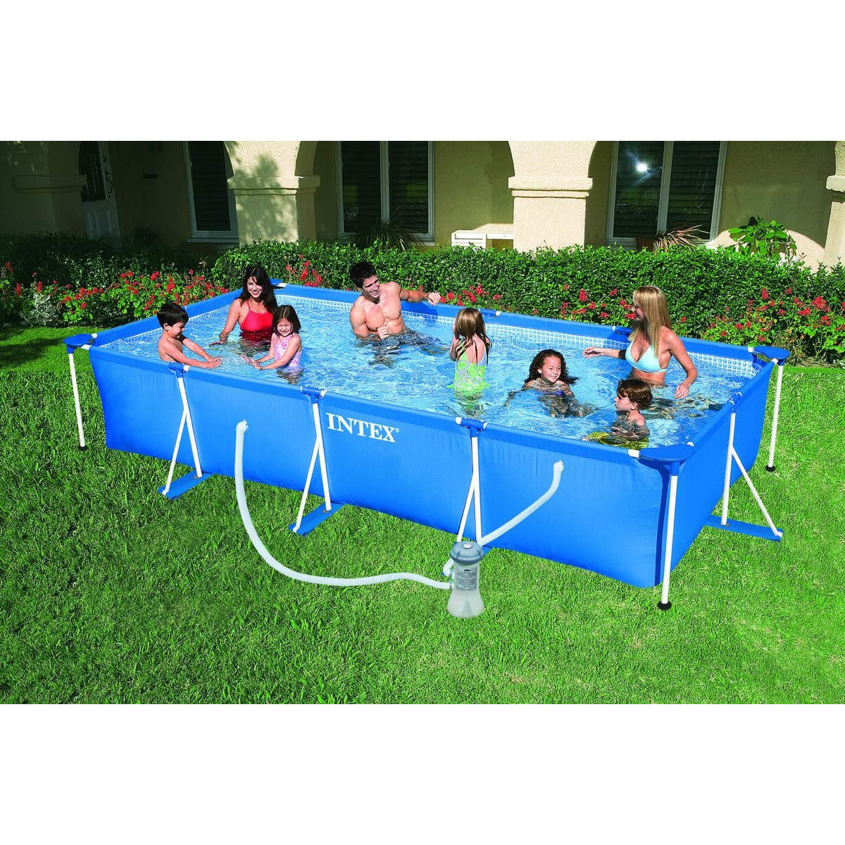 Intex Rectangular Frame Pool With Pump (4.5X2.2X84 Cm) - Peekaboo