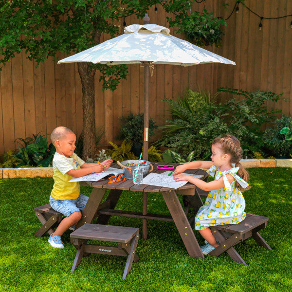 Kidkraft Octagon Table , Stools & Umbrella Set- Bear Brown & Beige Age- 3 Years & Above