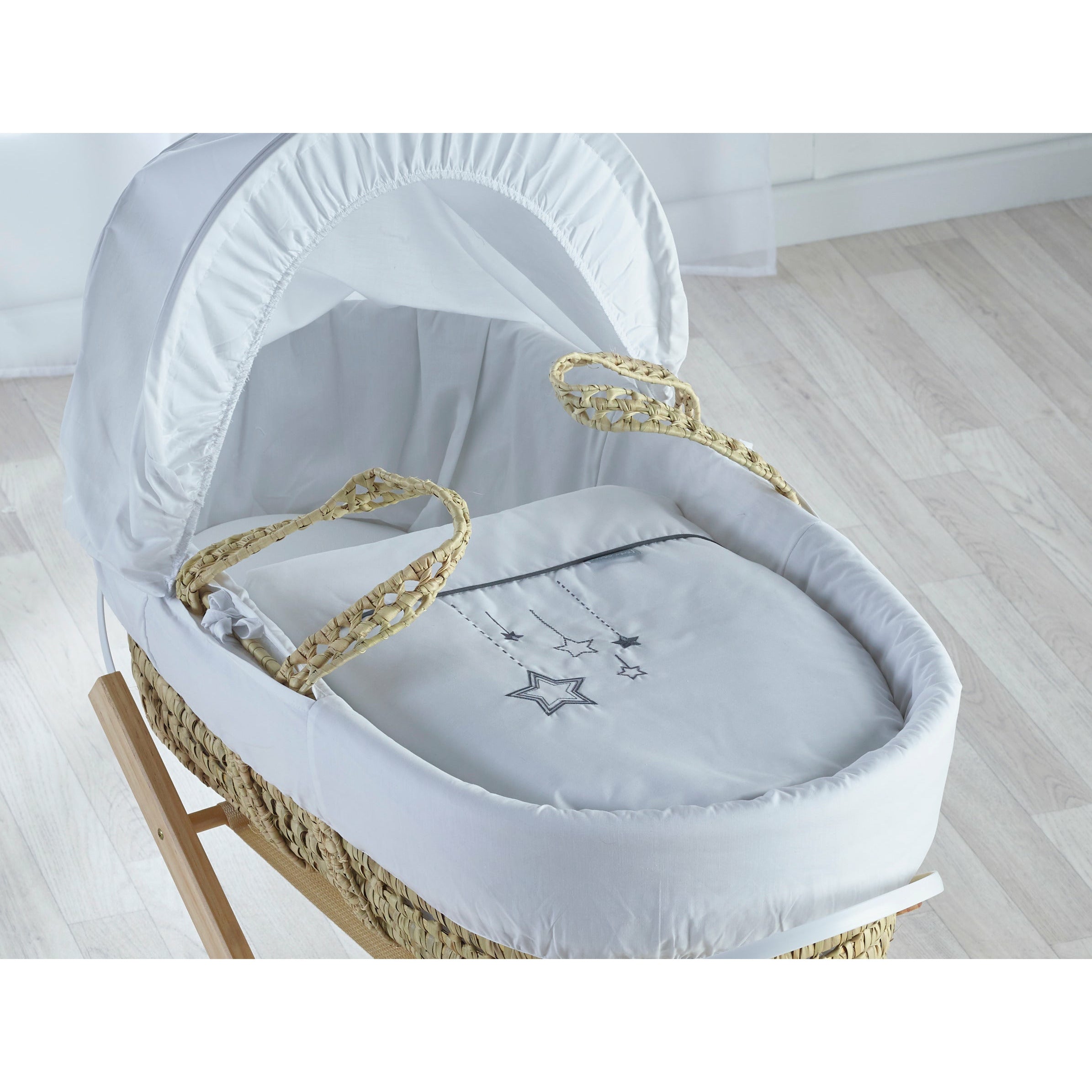 Kinder Valley White Wish Upon Star Palm Moses Basket with Bedding Set White Age Newborn to 6 Months or up to 9kg Peekaboo