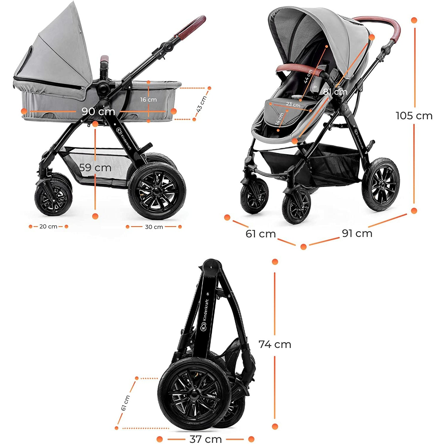 Kinderkraft Carro de bebé combi 3 en 1 Moov Grey 