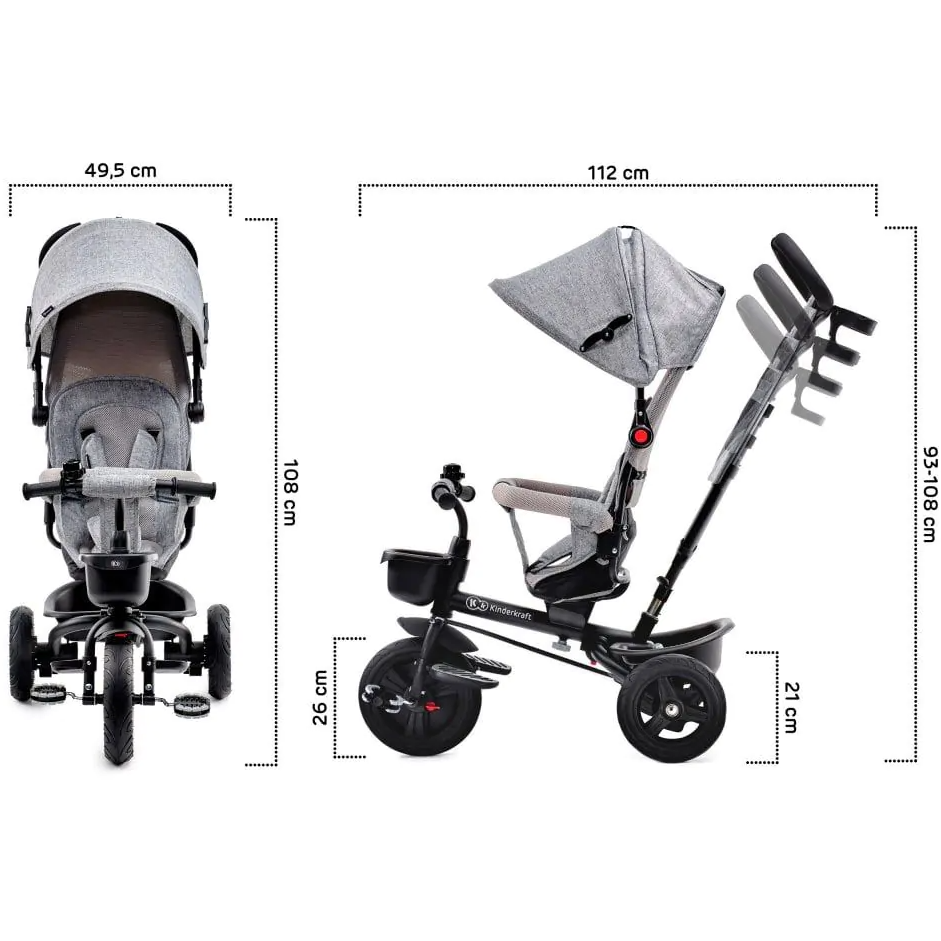 Kinderkraft Tricycle Aveo Grey Age- 9 Months to 5 Years