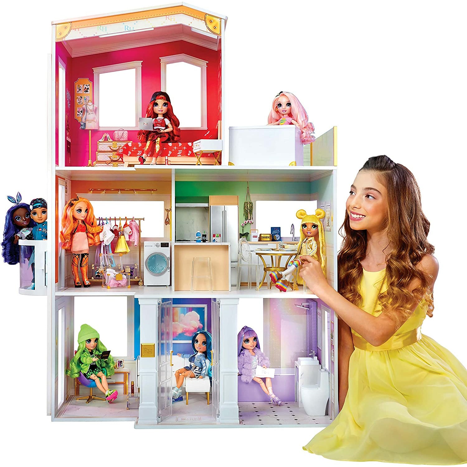 Rainbow High House Playset 3 Story Wood Doll House 4 ft Tall and 3 ft Wide Fully Furnished Peekaboo