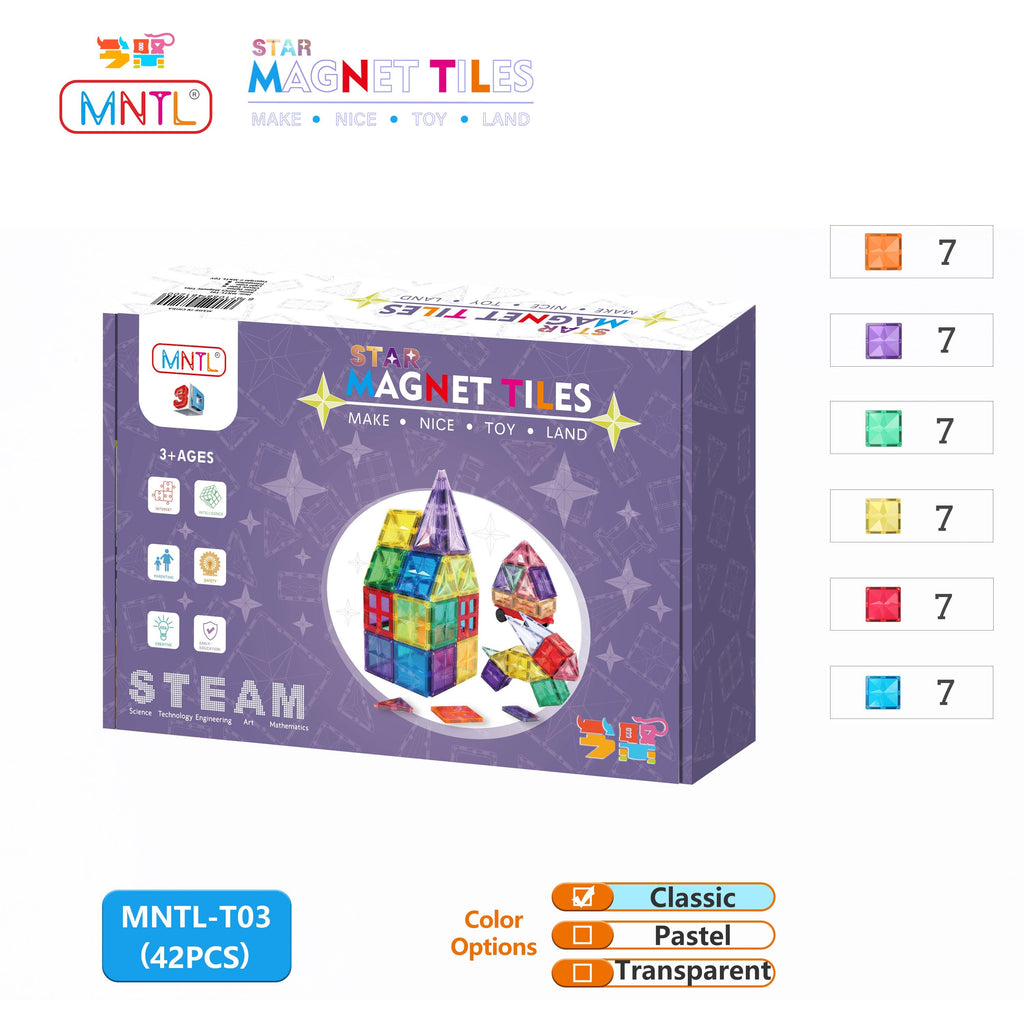Pibi MNTL  42 Pieces Star Magnet Tile Toy Set (Classic) Age- 3 Years & Above