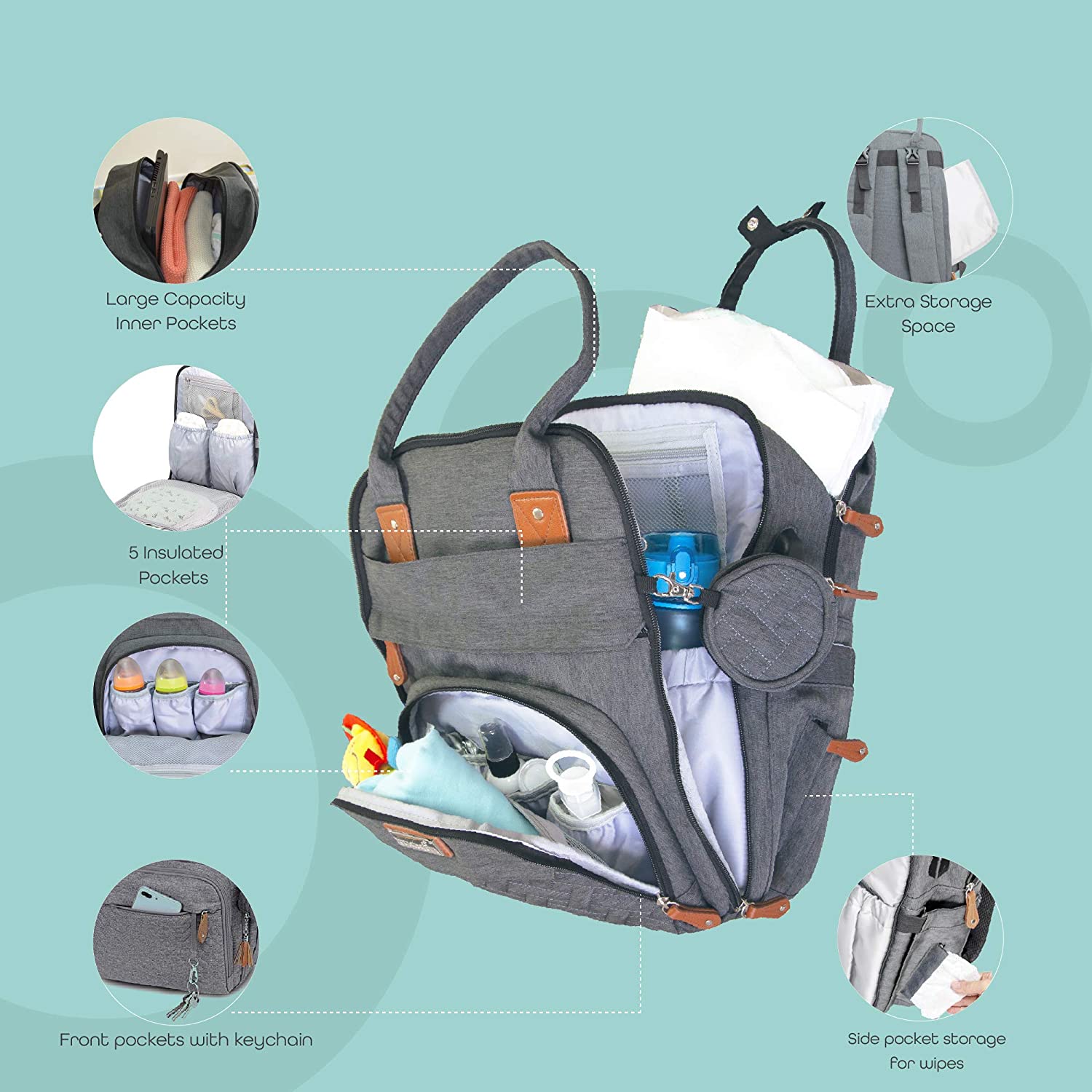 MOON Kary Me Diaper Bag Backpack Unisex Dark Grey 30 x 20 x 41 cm
