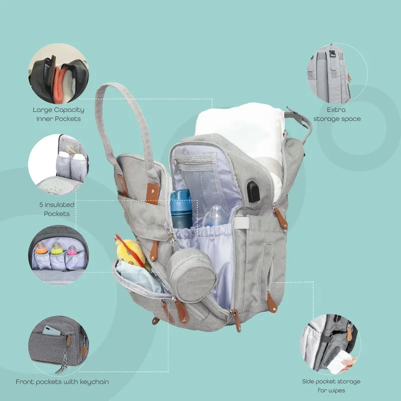 MOON Kary Me Diaper Bag Backpack Unisex Light Grey 30 x 20 x 41 cm