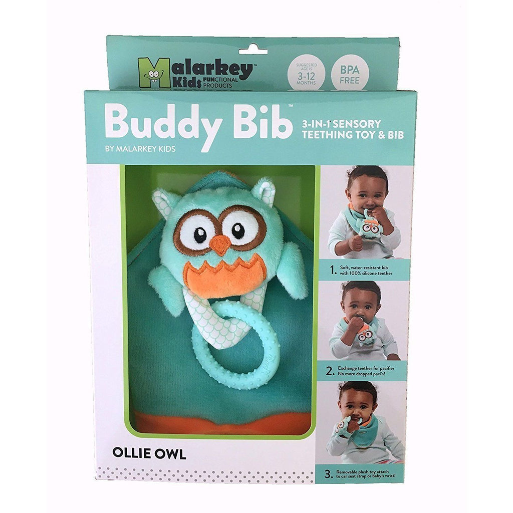 Malarkey Kids 3 in 1 Bandana Drool Bib Buddy with Sensory Teething Toy Ollie Owl Age- 3 Months to 12 Months