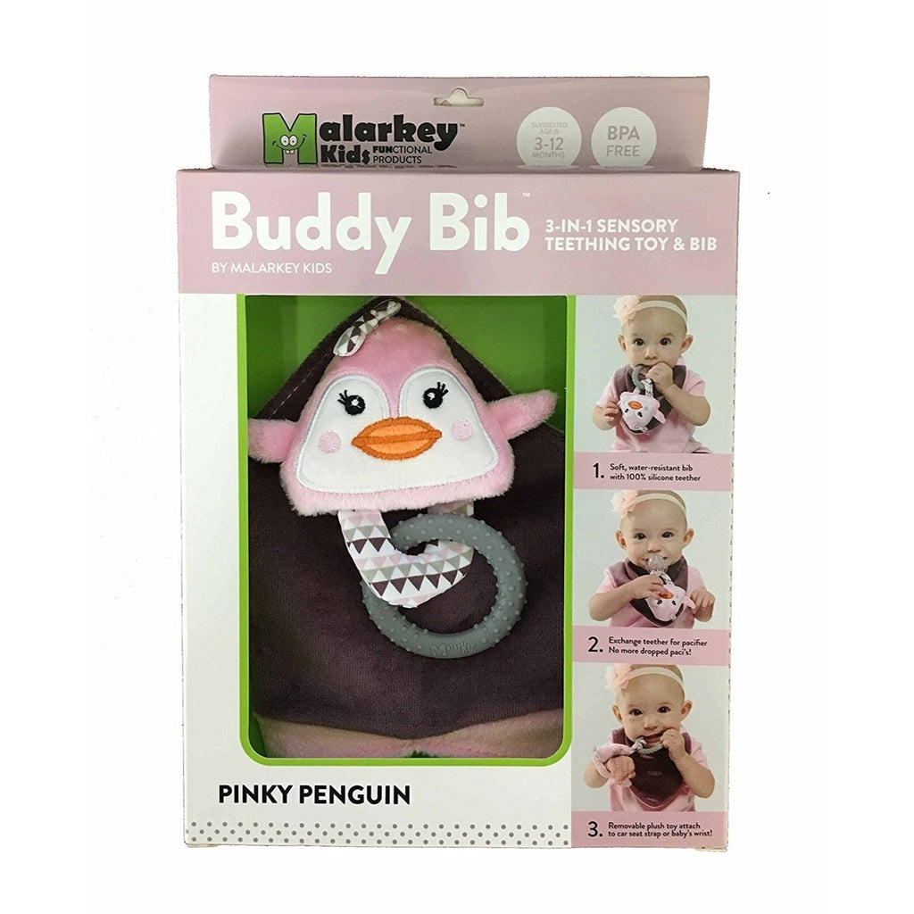 Malarkey Kids 3 in 1 Bandana Drool Bib Buddy with Sensory Teething Toy Pinky Penguin Age- 3 Months to 12 Months