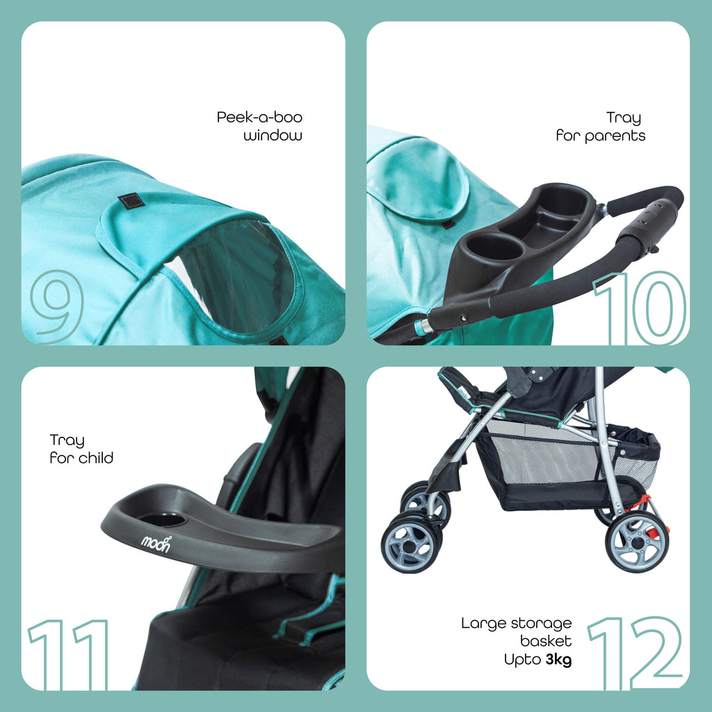 MoonTrek - One Fold Stroller -Sea Blue/Black Age- Newborn & Above
