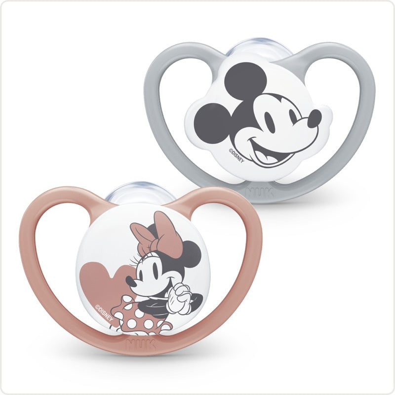 NUK Disney Mickey & Minnie Space Soothers Pack of 2 Rose Age- Newborn to 6 Months