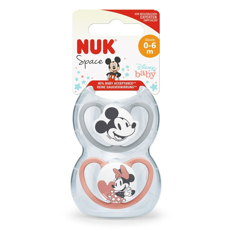 NUK Disney Mickey & Minnie Space Soothers Pack of 2 Rose Age- Newborn to 6 Months