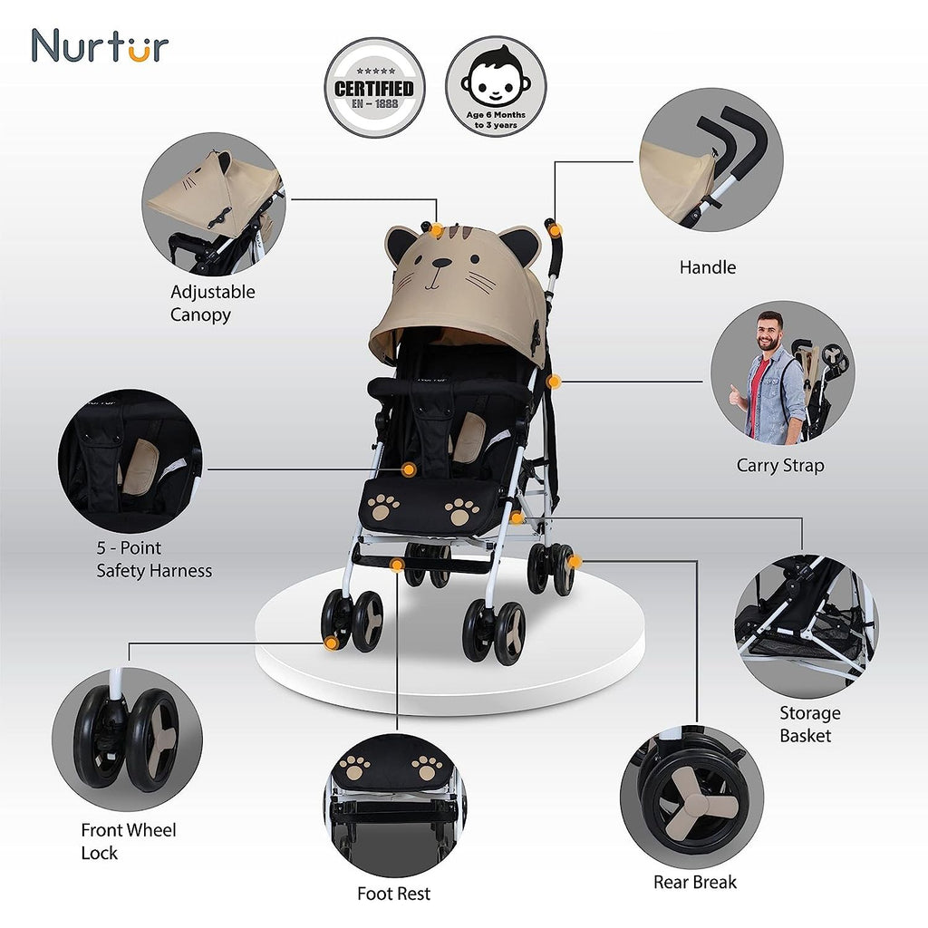 Nurtur Care From The Heart Luca Cat Baby/Kids Lightweight Stroller – 0 – 36 Months,Storage Basket,Detachable Bumper,5 Point Safety Harness,Compact Design,Shoulder Strap Official Product,Multicolorcolor Multicolorcolor Age 3 Months To 36 Months