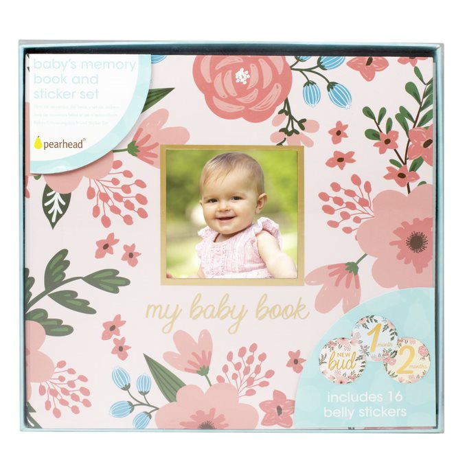 Pearhead Baby’s Memory Book with 16 Sticker Floral Age-Newborn & Above