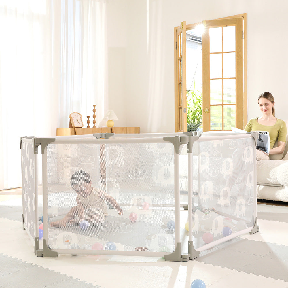 Peekaboo 6 Panel  Kids Portable & Foldable Playpen Grey Age- 3 Months & Above