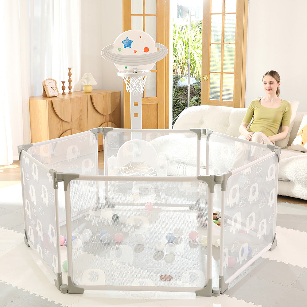 Peekaboo 6 Panel  Kids Portable & Foldable Playpen Grey Age- 3 Months & Above